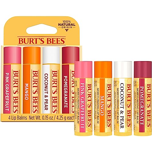 Burt's Bees Lip Balm - Pink Grapefruit, Mango, Coconut & Pear, and Pomegranate Pack, Lip Moisturizer With Beeswax, Tint-Free, Natural Origin Conditioning Treatment, 4 Tubes, 0.15 oz.
