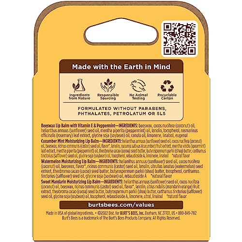 Burt's Bees Lip Balm - Pink Grapefruit, Mango, Coconut & Pear, and Pomegranate Pack, Lip Moisturizer With Beeswax, Tint-Free, Natural Origin Conditioning Treatment, 4 Tubes, 0.15 oz.