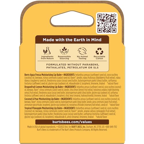 Burt's Bees Lip Balm - Pink Grapefruit, Mango, Coconut & Pear, and Pomegranate Pack, Lip Moisturizer With Beeswax, Tint-Free, Natural Origin Conditioning Treatment, 4 Tubes, 0.15 oz.