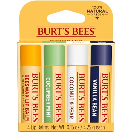 Burt's Bees Lip Balm - Pink Grapefruit, Mango, Coconut & Pear, and Pomegranate Pack, Lip Moisturizer With Beeswax, Tint-Free, Natural Origin Conditioning Treatment, 4 Tubes, 0.15 oz.