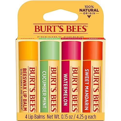 Burt's Bees Lip Balm - Pink Grapefruit, Mango, Coconut & Pear, and Pomegranate Pack, Lip Moisturizer With Beeswax, Tint-Free, Natural Origin Conditioning Treatment, 4 Tubes, 0.15 oz.