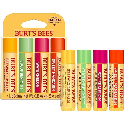 Burt's Bees Lip Balm - Pink Grapefruit, Mango, Coconut & Pear, and Pomegranate Pack, Lip Moisturizer With Beeswax, Tint-Free, Natural Origin Conditioning Treatment, 4 Tubes, 0.15 oz.