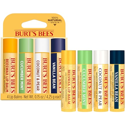 Burt's Bees Lip Balm - Pink Grapefruit, Mango, Coconut & Pear, and Pomegranate Pack, Lip Moisturizer With Beeswax, Tint-Free, Natural Origin Conditioning Treatment, 4 Tubes, 0.15 oz.