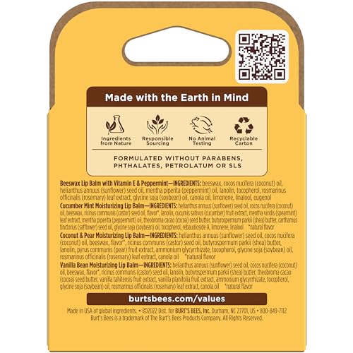 Burt's Bees Lip Balm - Pink Grapefruit, Mango, Coconut & Pear, and Pomegranate Pack, Lip Moisturizer With Beeswax, Tint-Free, Natural Origin Conditioning Treatment, 4 Tubes, 0.15 oz.