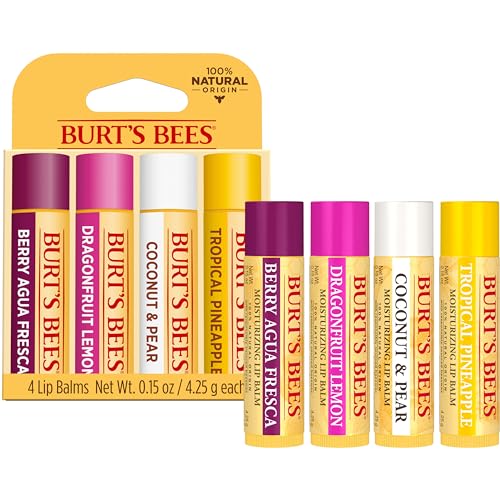 Burt's Bees Lip Balm - Pink Grapefruit, Mango, Coconut & Pear, and Pomegranate Pack, Lip Moisturizer With Beeswax, Tint-Free, Natural Origin Conditioning Treatment, 4 Tubes, 0.15 oz.
