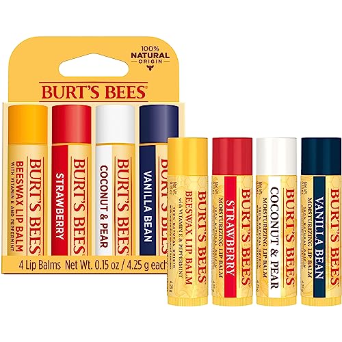 Burt's Bees Lip Balm - Pink Grapefruit, Mango, Coconut & Pear, and Pomegranate Pack, Lip Moisturizer With Beeswax, Tint-Free, Natural Origin Conditioning Treatment, 4 Tubes, 0.15 oz.
