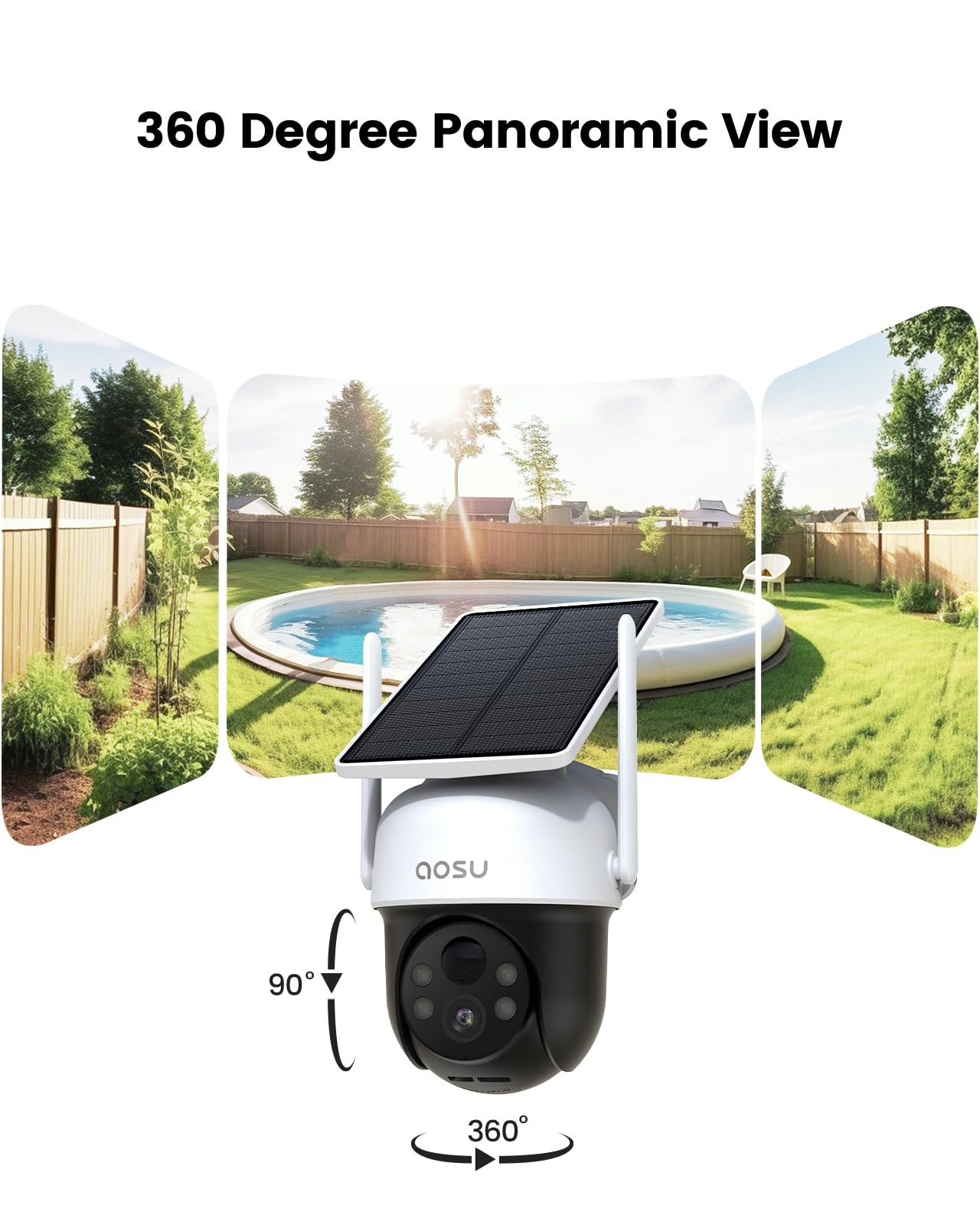 AOSU Solar Camera Security Outdoor - 100% Wire-Free Security Cameras Wireless Outdoor for Home Surveillance with Fixed Solar Panel, 360° Panoramic View, Human Auto Tracking, 2K Color Night Vision