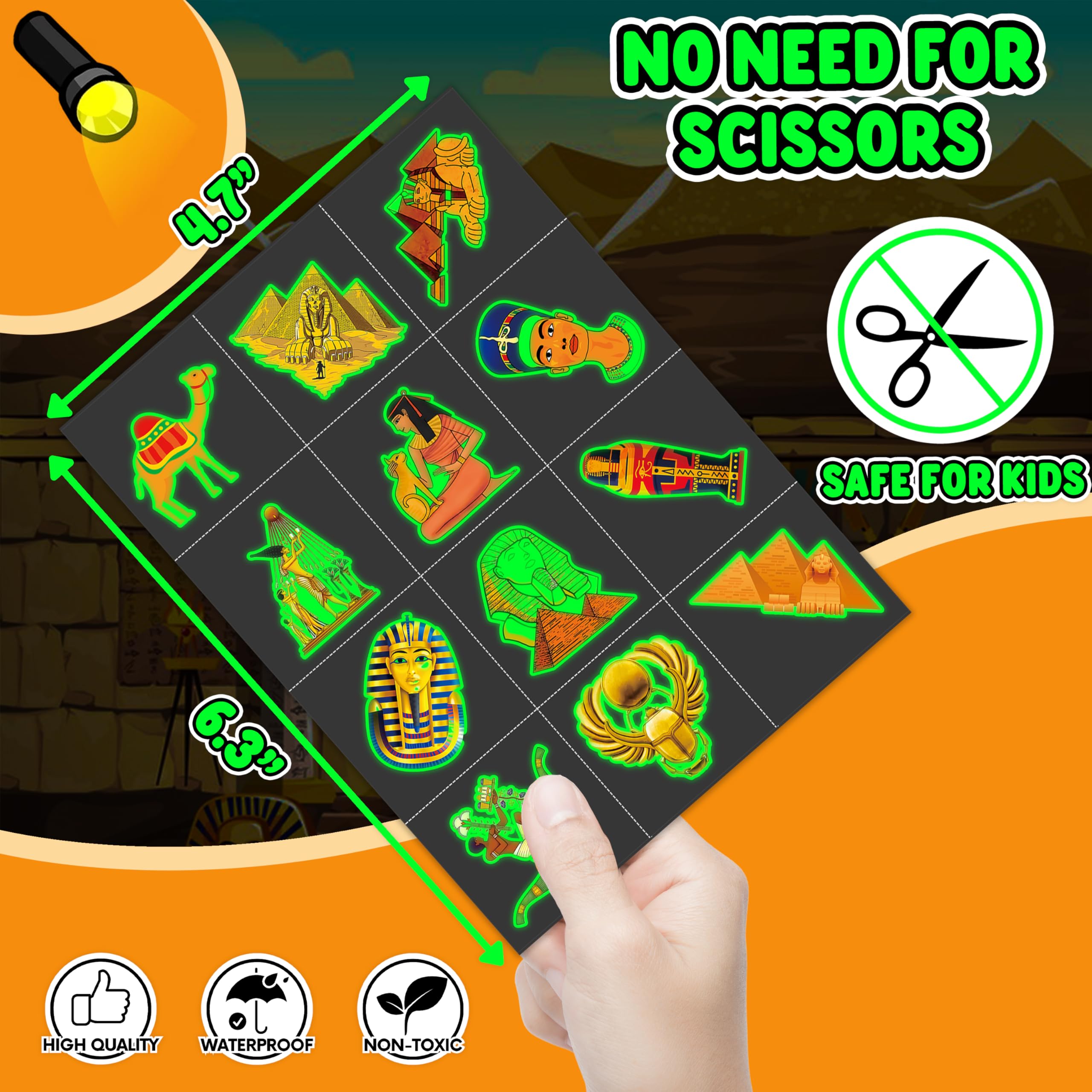 96PCS Ancient Egypt Egyptian Luminous Glow in the Dark Pre-Cut Temporary Tattoos Theme Birthday Party Decorations Favors Supplies Decor Pharaoh Sphinx Pyramid Stickers Gifts For Kids (Luminous)