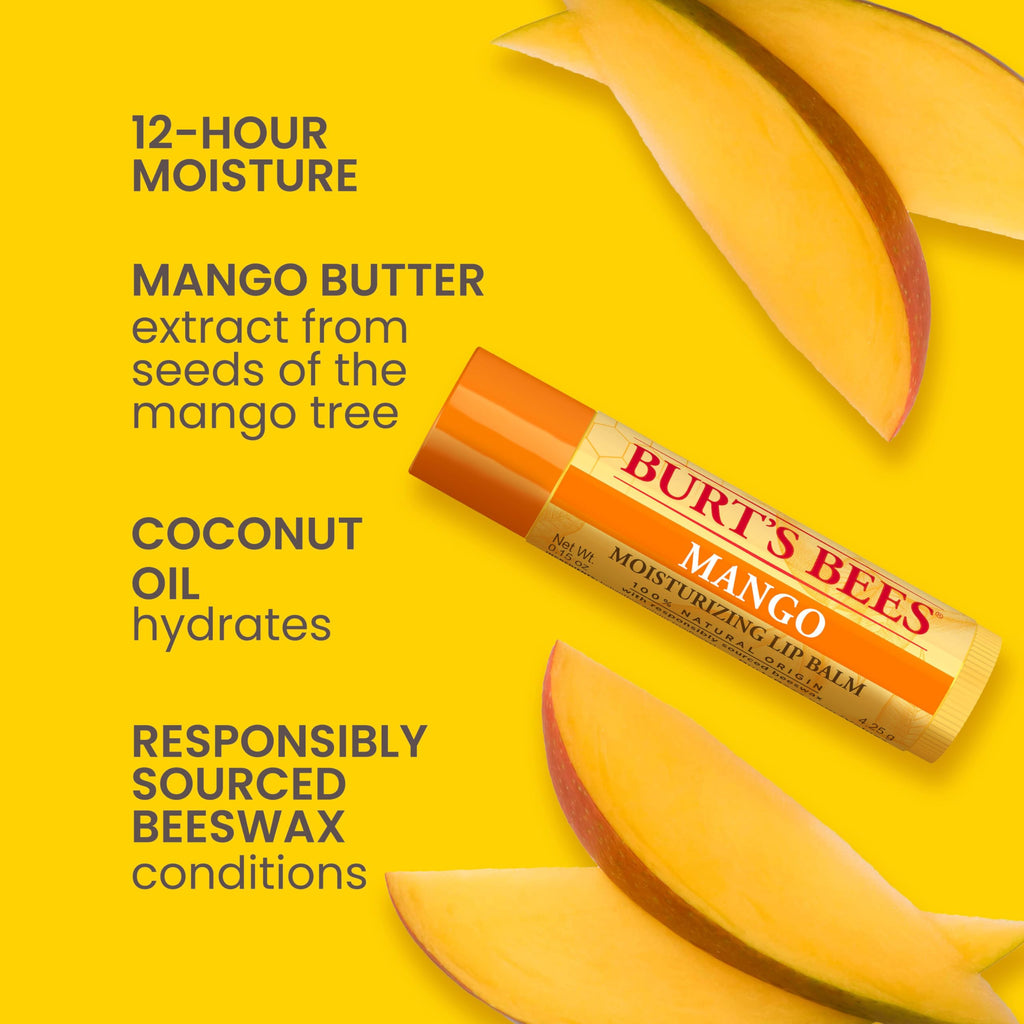 Burt's Bees Lip Balm - Pink Grapefruit, Mango, Coconut & Pear, and Pomegranate Pack, Lip Moisturizer With Beeswax, Tint-Free, Natural Origin Conditioning Treatment, 4 Tubes, 0.15 oz.