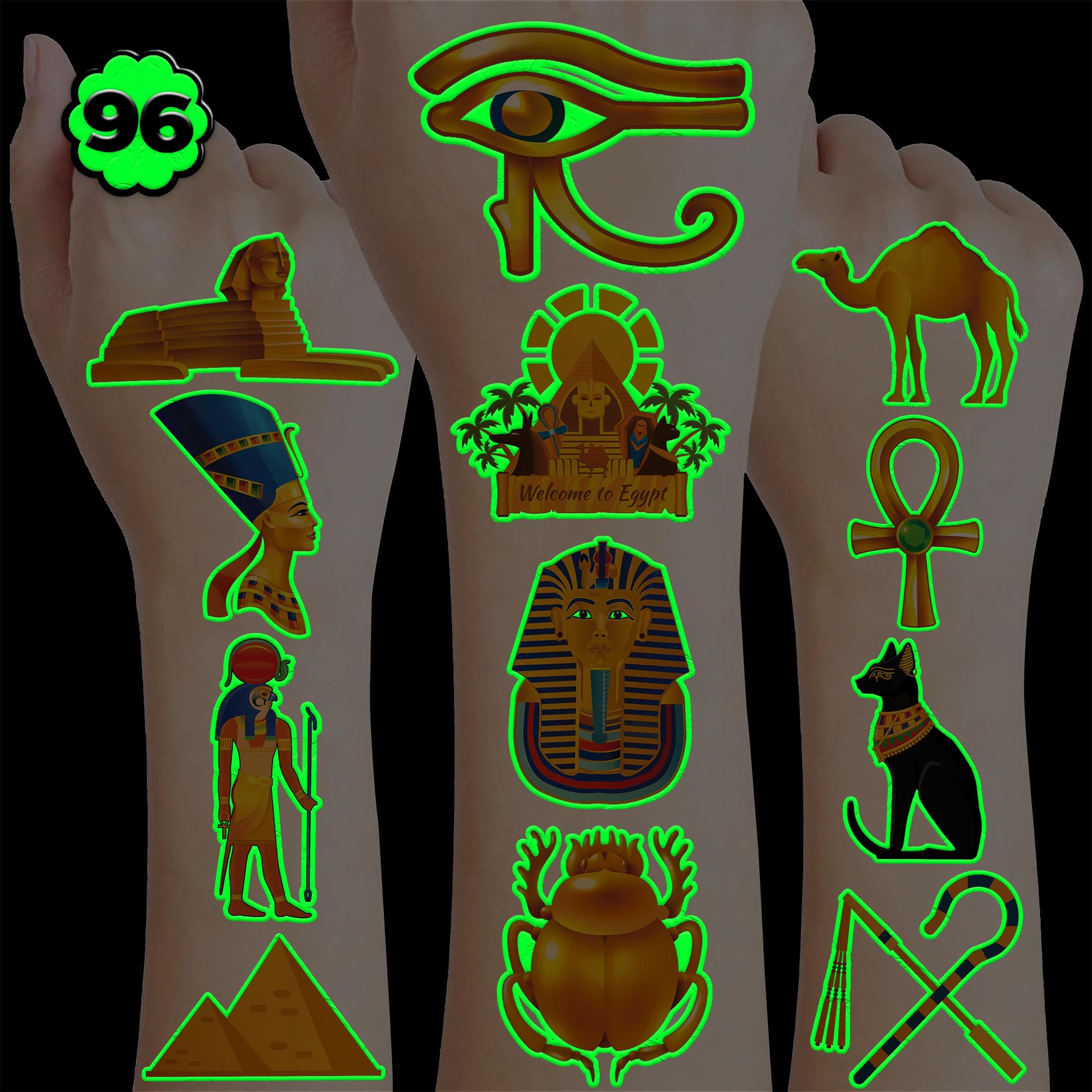 96PCS Ancient Egypt Egyptian Luminous Glow in the Dark Pre-Cut Temporary Tattoos Theme Birthday Party Decorations Favors Supplies Decor Pharaoh Sphinx Pyramid Stickers Gifts For Kids (Luminous)