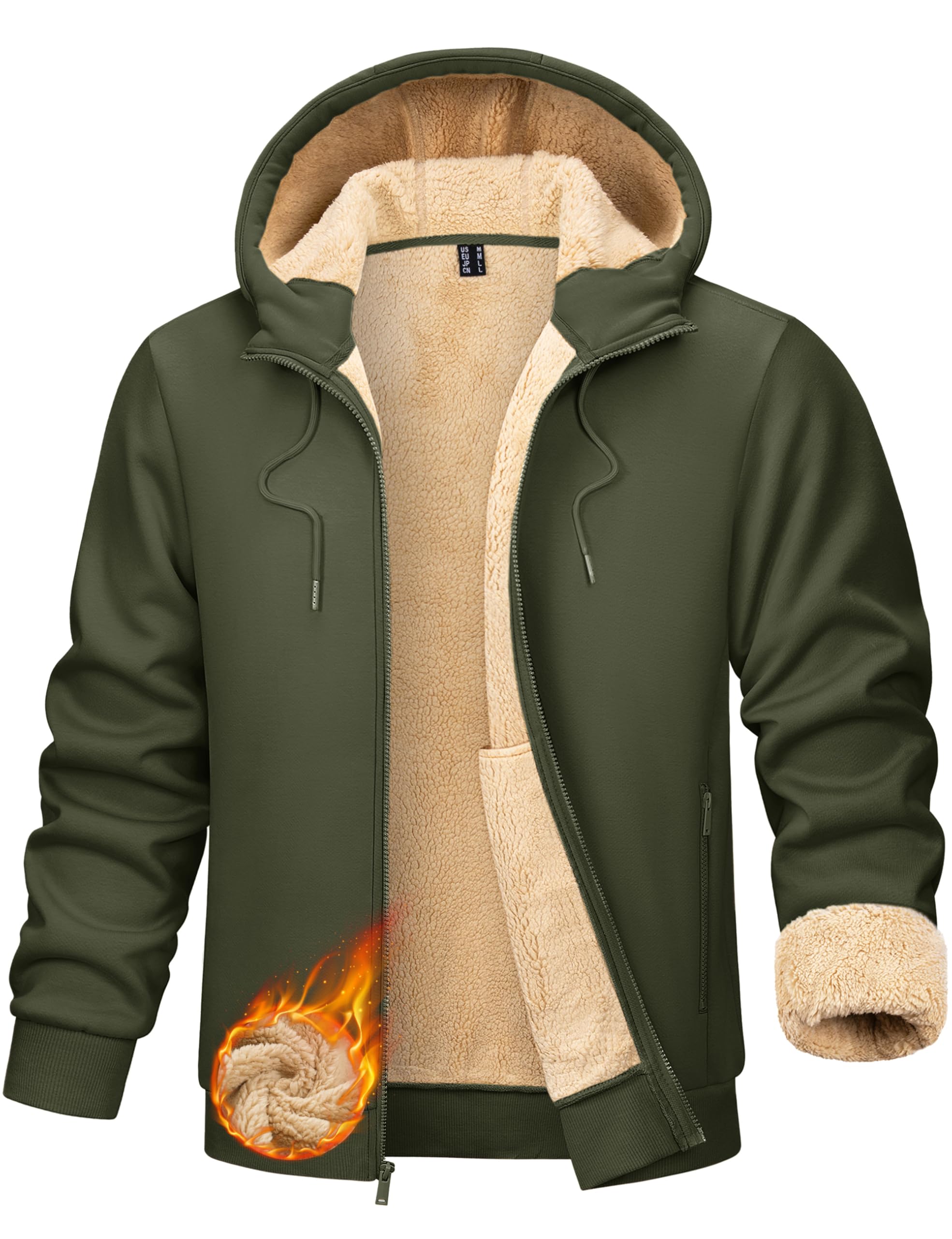 TACVASEN Men's Zip Up Sherpa Lined Hoodies Thick Fleece Heavyweight Jacket Windproof Thermal Zipper Sweatshirt