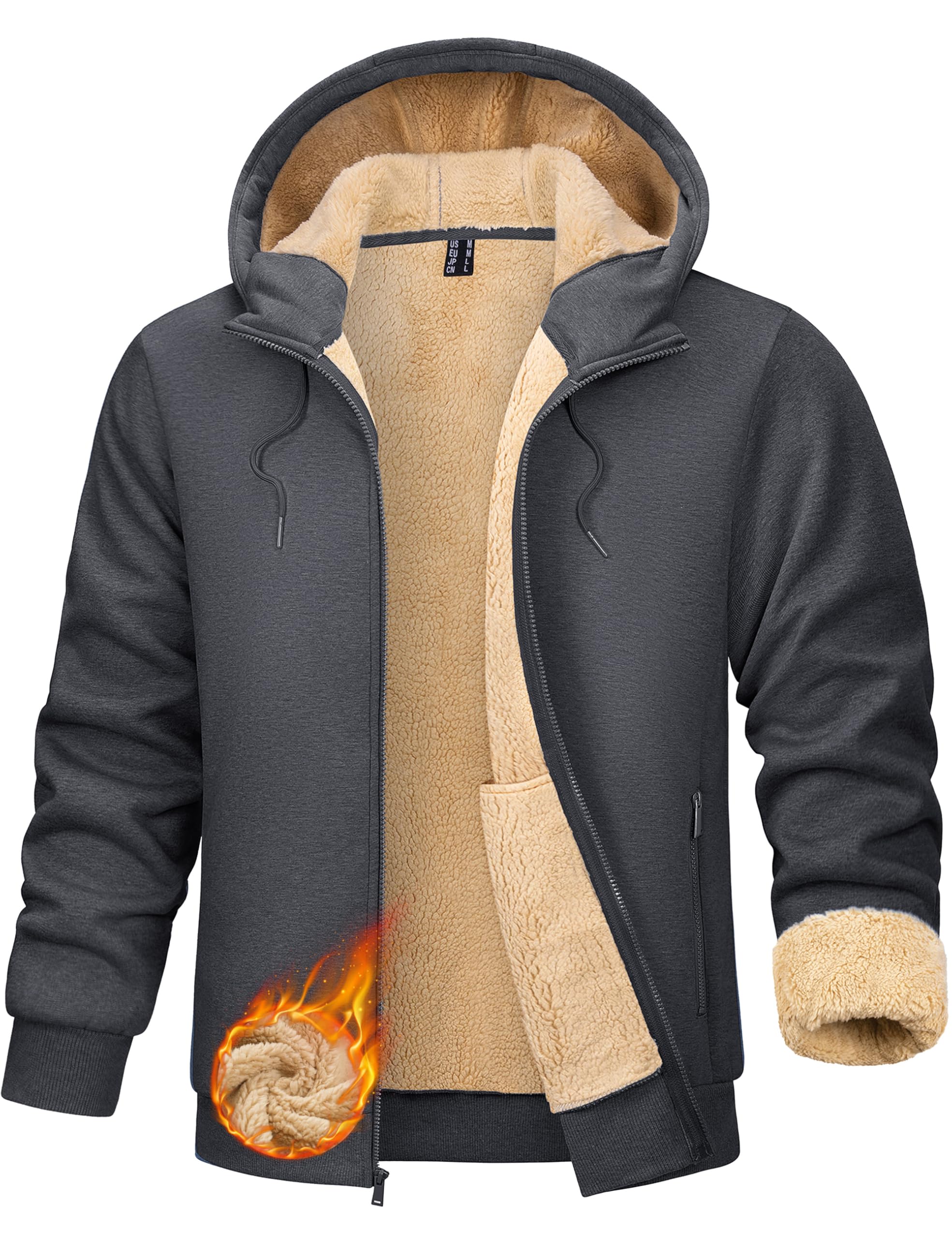 TACVASEN Men's Zip Up Sherpa Lined Hoodies Thick Fleece Heavyweight Jacket Windproof Thermal Zipper Sweatshirt