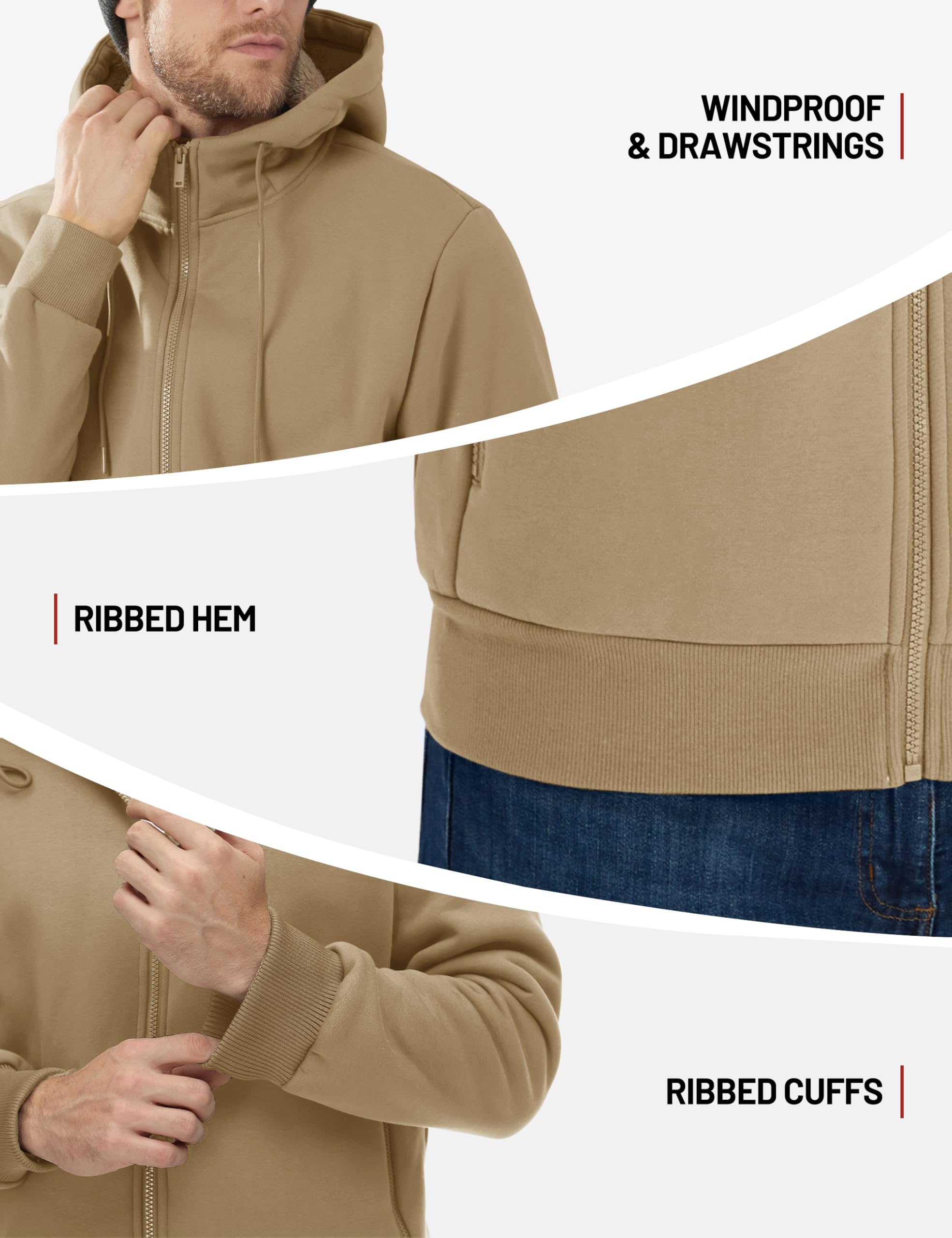 TACVASEN Men's Zip Up Sherpa Lined Hoodies Thick Fleece Heavyweight Jacket Windproof Thermal Zipper Sweatshirt