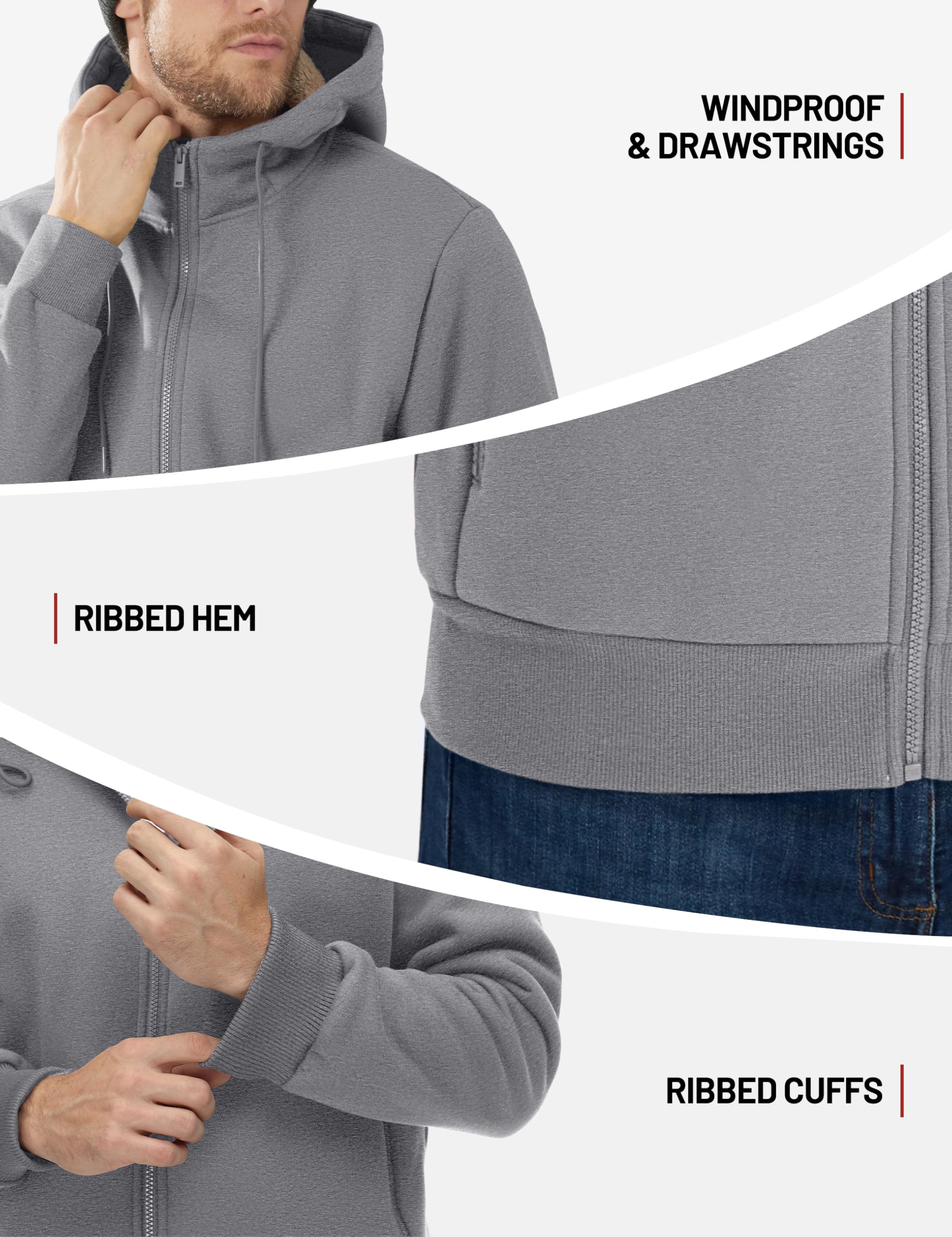 TACVASEN Men's Zip Up Sherpa Lined Hoodies Thick Fleece Heavyweight Jacket Windproof Thermal Zipper Sweatshirt