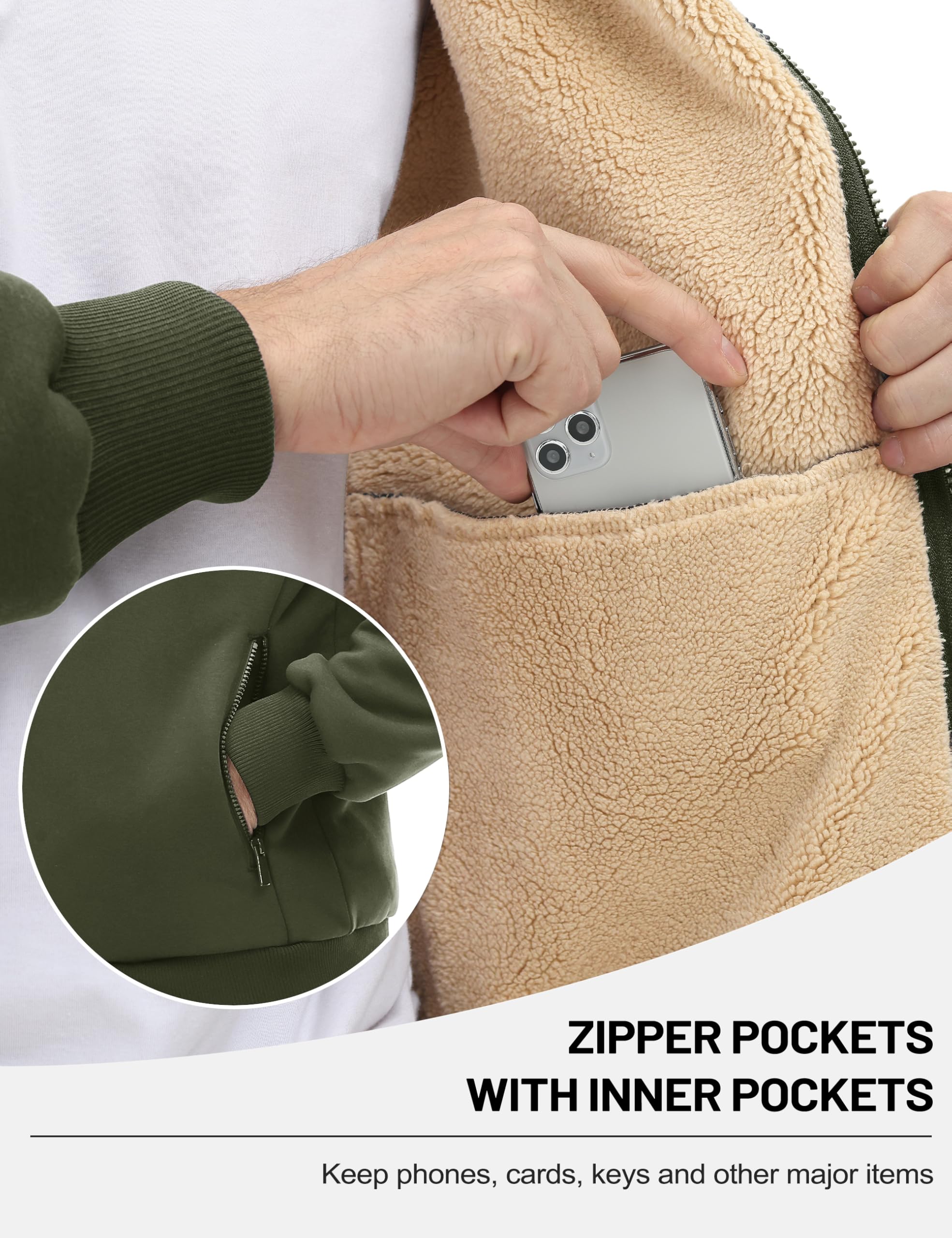 TACVASEN Men's Zip Up Sherpa Lined Hoodies Thick Fleece Heavyweight Jacket Windproof Thermal Zipper Sweatshirt