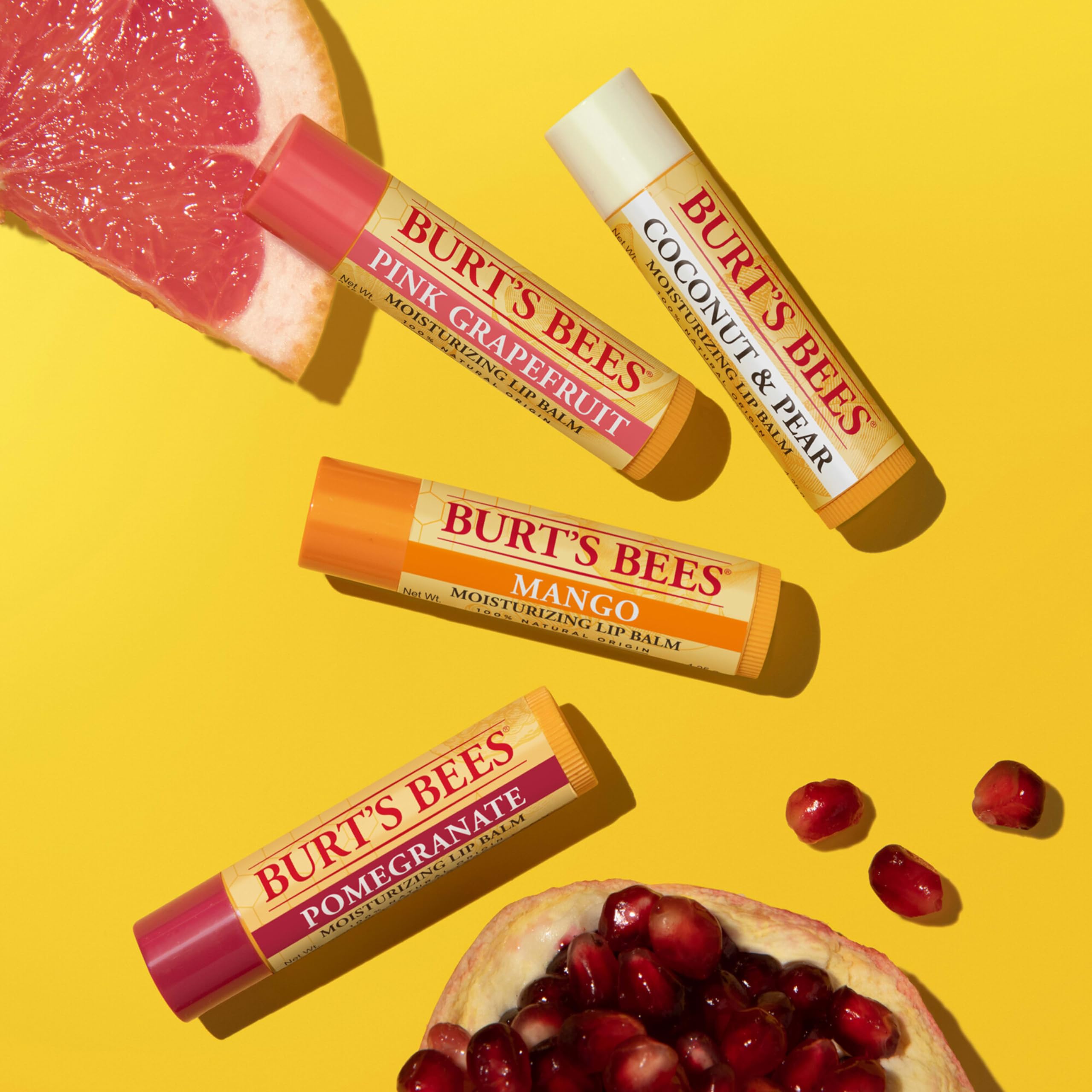 Burt's Bees Lip Balm - Pink Grapefruit, Mango, Coconut & Pear, and Pomegranate Pack, Lip Moisturizer With Beeswax, Tint-Free, Natural Origin Conditioning Treatment, 4 Tubes, 0.15 oz.