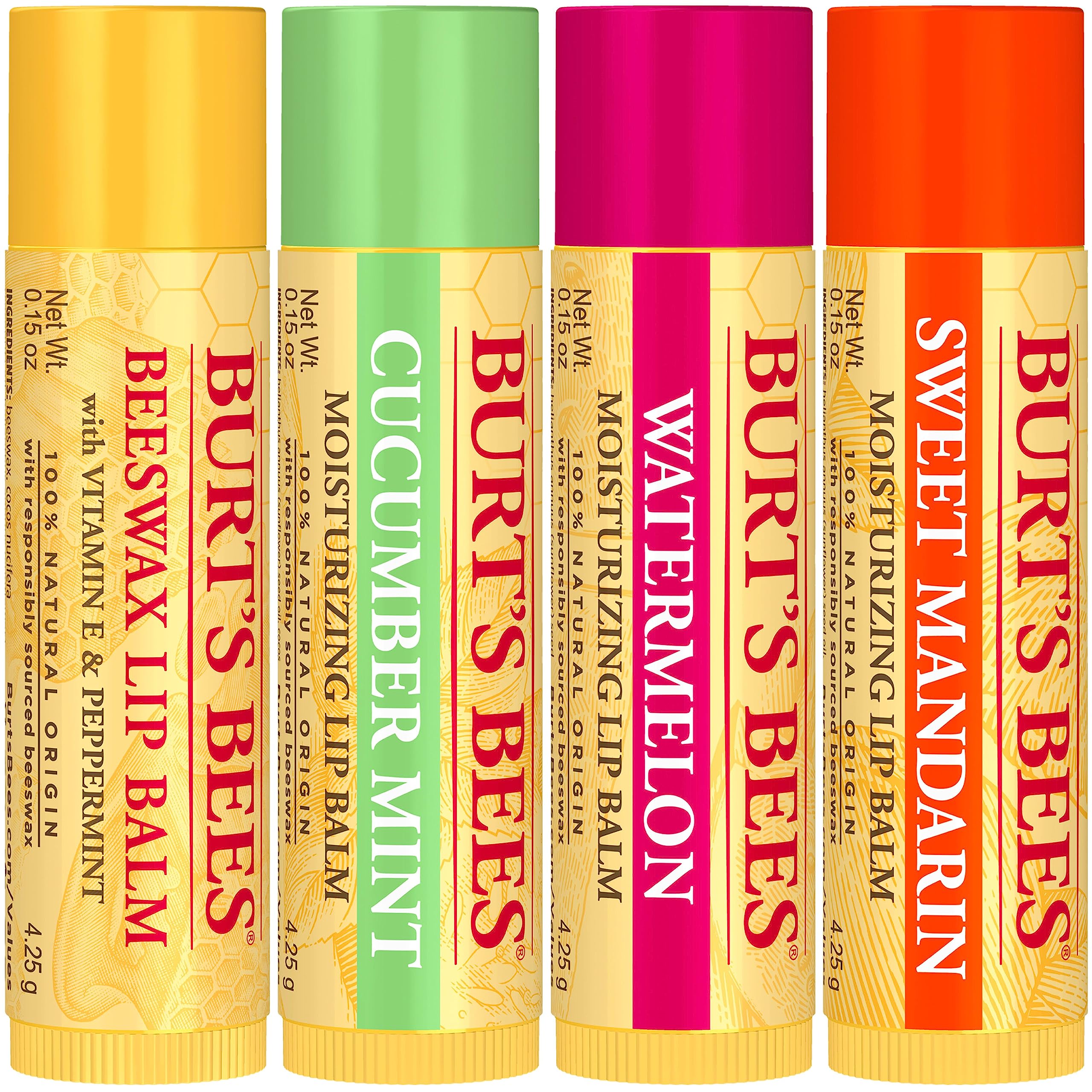 Burt's Bees Lip Balm - Pink Grapefruit, Mango, Coconut & Pear, and Pomegranate Pack, Lip Moisturizer With Beeswax, Tint-Free, Natural Origin Conditioning Treatment, 4 Tubes, 0.15 oz.
