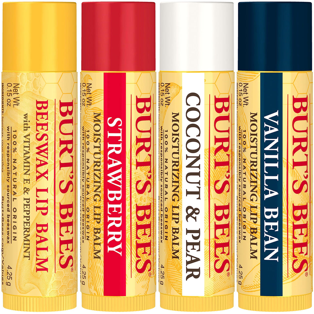 Burt's Bees Lip Balm - Pink Grapefruit, Mango, Coconut & Pear, and Pomegranate Pack, Lip Moisturizer With Beeswax, Tint-Free, Natural Origin Conditioning Treatment, 4 Tubes, 0.15 oz.