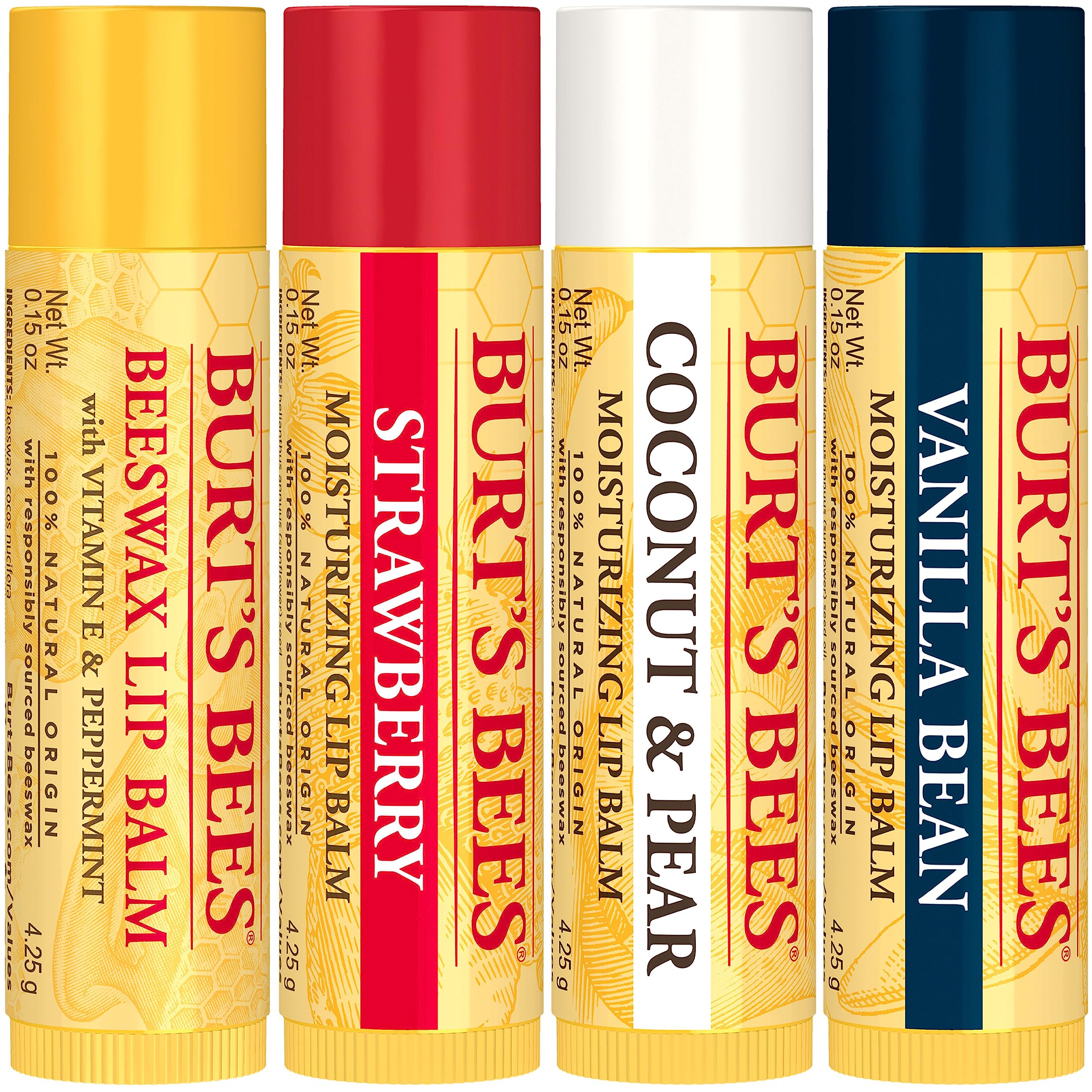 Burt's Bees Lip Balm - Pink Grapefruit, Mango, Coconut & Pear, and Pomegranate Pack, Lip Moisturizer With Beeswax, Tint-Free, Natural Origin Conditioning Treatment, 4 Tubes, 0.15 oz.