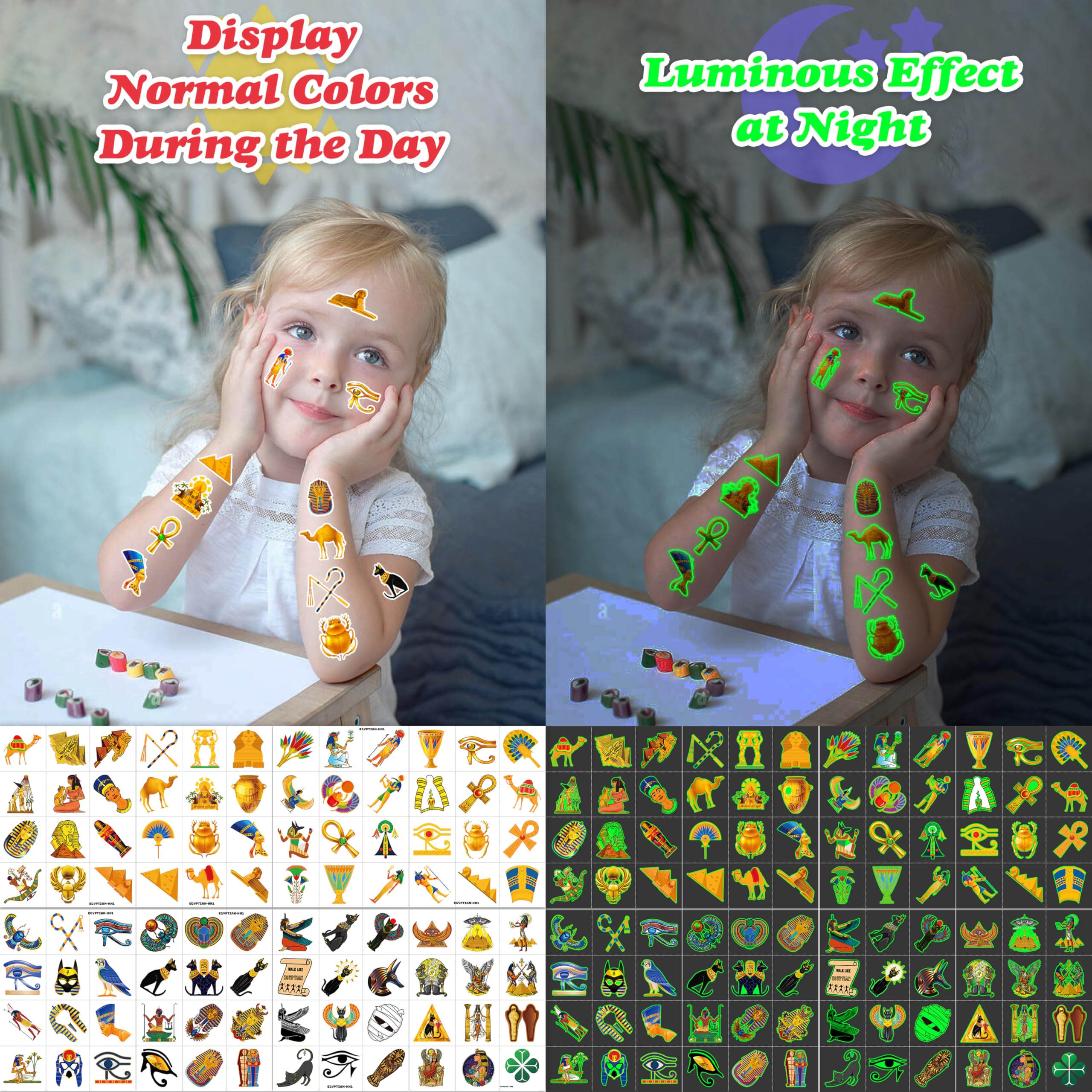 96PCS Ancient Egypt Egyptian Luminous Glow in the Dark Pre-Cut Temporary Tattoos Theme Birthday Party Decorations Favors Supplies Decor Pharaoh Sphinx Pyramid Stickers Gifts For Kids (Luminous)
