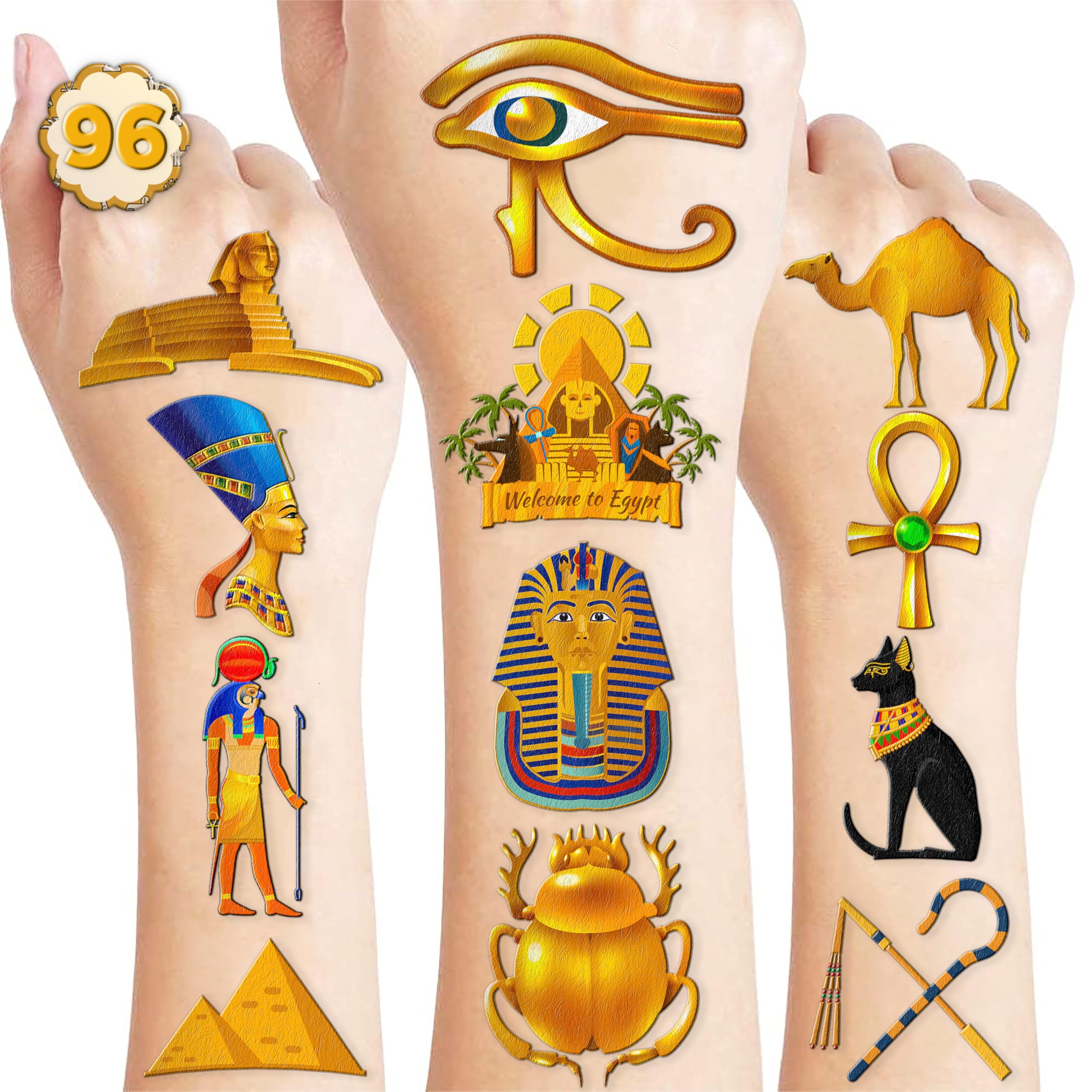 96PCS Ancient Egypt Egyptian Luminous Glow in the Dark Pre-Cut Temporary Tattoos Theme Birthday Party Decorations Favors Supplies Decor Pharaoh Sphinx Pyramid Stickers Gifts For Kids (Luminous)