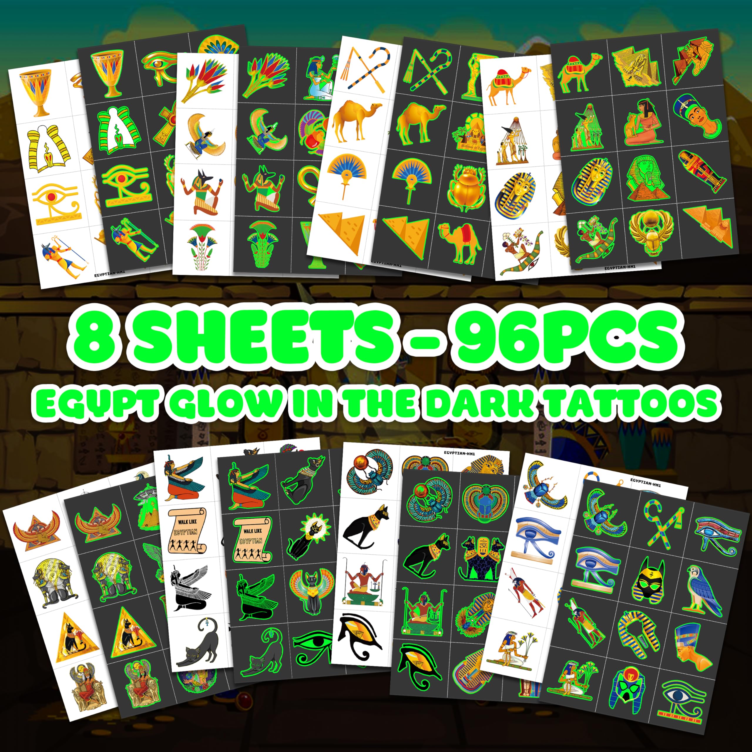 96PCS Ancient Egypt Egyptian Luminous Glow in the Dark Pre-Cut Temporary Tattoos Theme Birthday Party Decorations Favors Supplies Decor Pharaoh Sphinx Pyramid Stickers Gifts For Kids (Luminous)