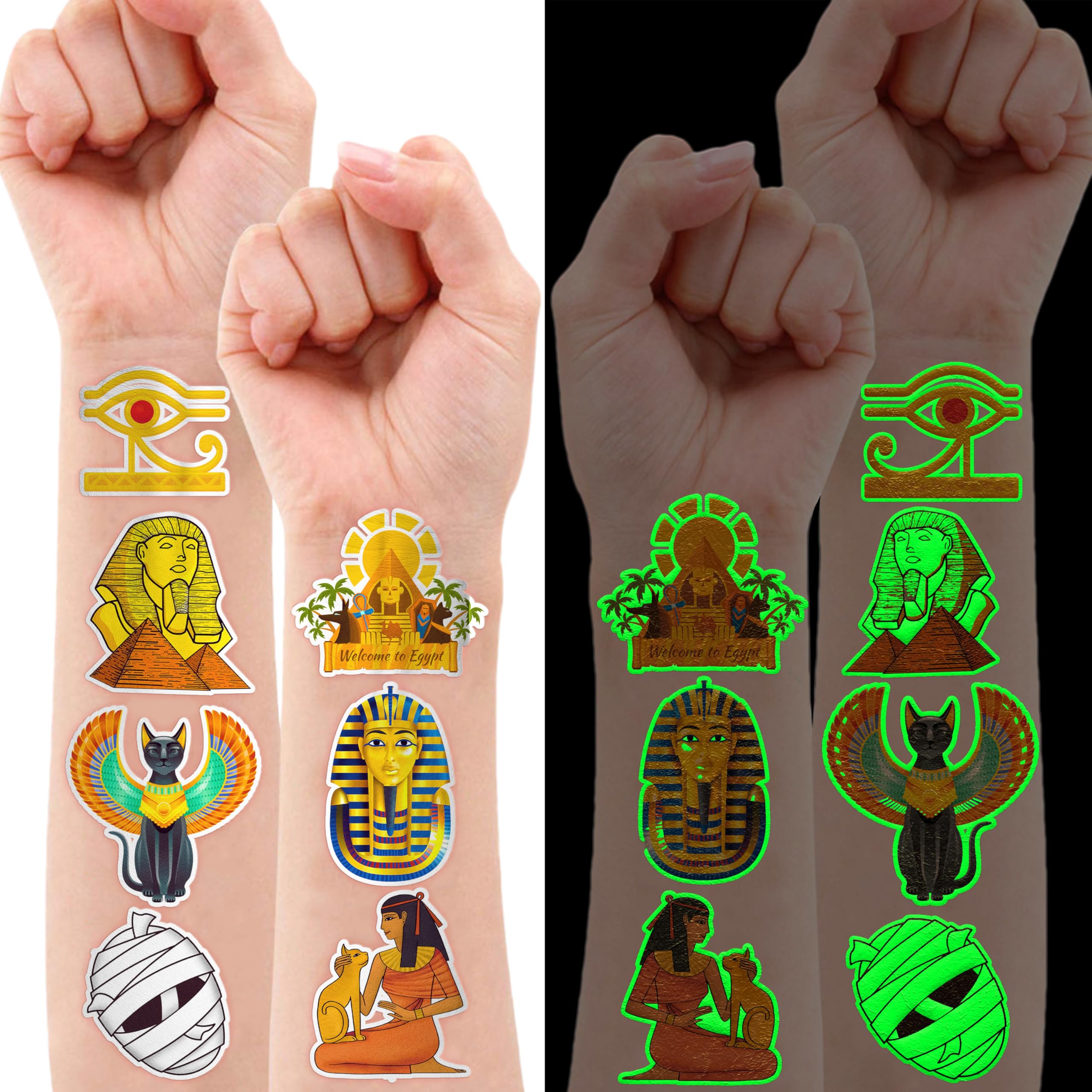 96PCS Ancient Egypt Egyptian Luminous Glow in the Dark Pre-Cut Temporary Tattoos Theme Birthday Party Decorations Favors Supplies Decor Pharaoh Sphinx Pyramid Stickers Gifts For Kids (Luminous)