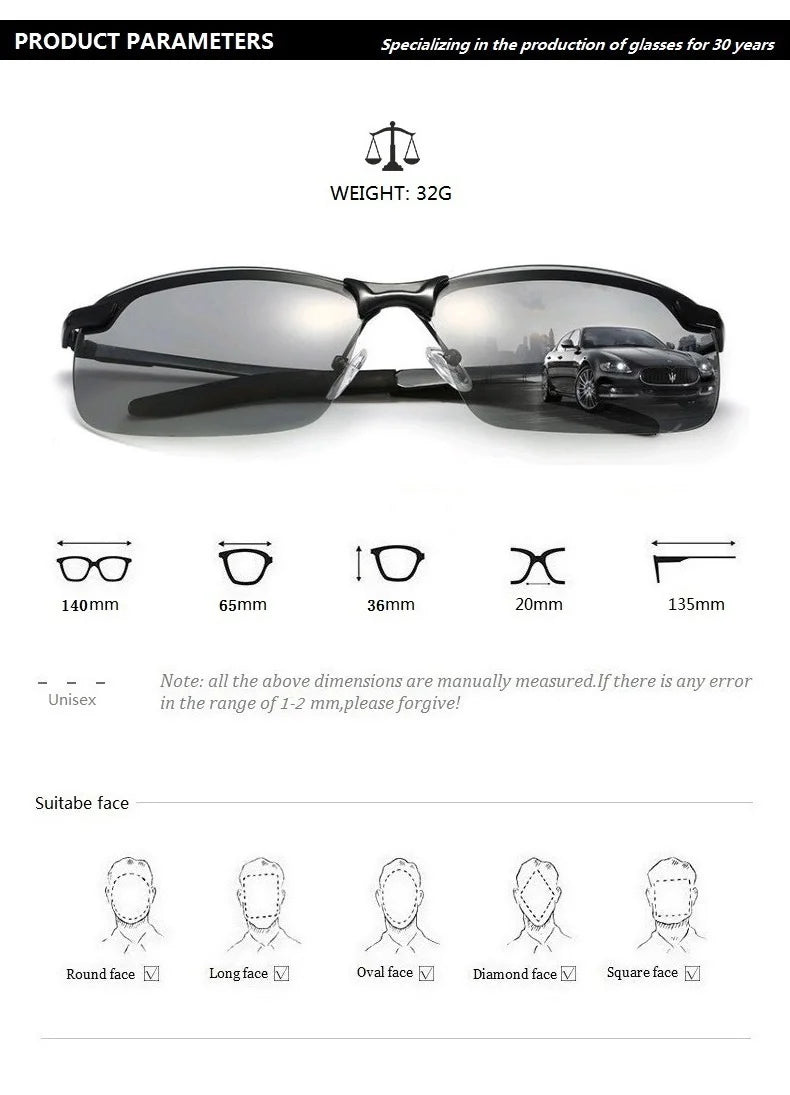 Photochromic Sunglasses Men Polarized Driving Chameleon Glasses Male Change Color Sun Glasses Day Night Vision Driver's Eyewear